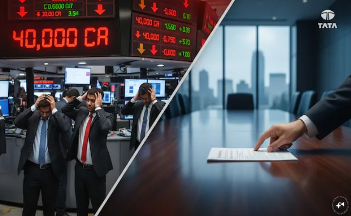 Split image: left shows stressed traders on a stock exchange floor; right shows a hand signing a document at a conference table.