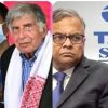 Collage: left shows Indian PM Narendra Modi with two men, one wearing a mask; right shows two executives in suits with a Tata Sons logo in the background.