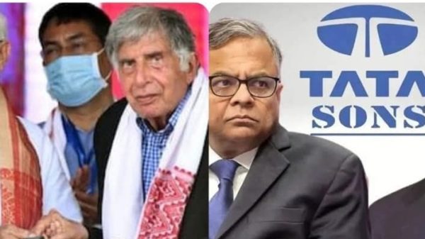 Collage: left shows Indian PM Narendra Modi with two men, one wearing a mask; right shows two executives in suits with a Tata Sons logo in the background.