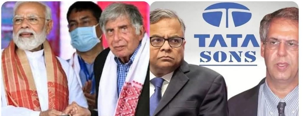 Collage: left shows Indian PM Narendra Modi with two men, one wearing a mask; right shows two executives in suits with a Tata Sons logo in the background.