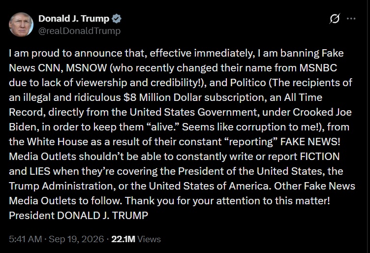 trump tweet | No. 1 Indian Media News Portal Screenshot of a Twitter post claiming to ban CNN, MSNBC, and Politico, accusing them of fake news and corruption, dated Sep 19, 2026.
