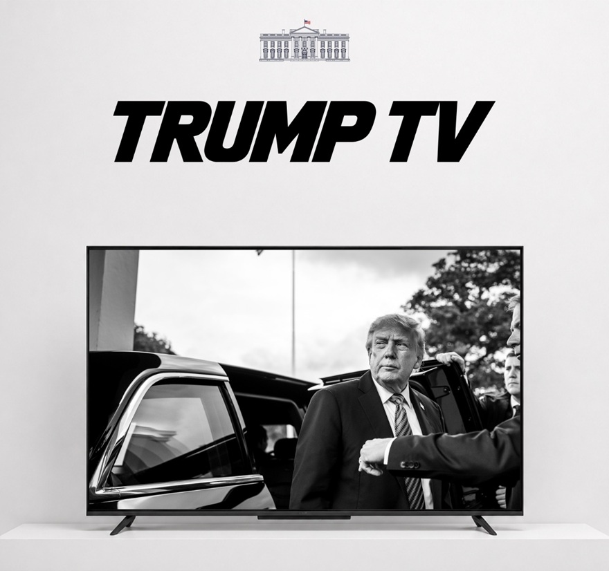TRUMP TV logo above a black-and-white photo of a man in a suit being escorted toward a car on a TV screen.