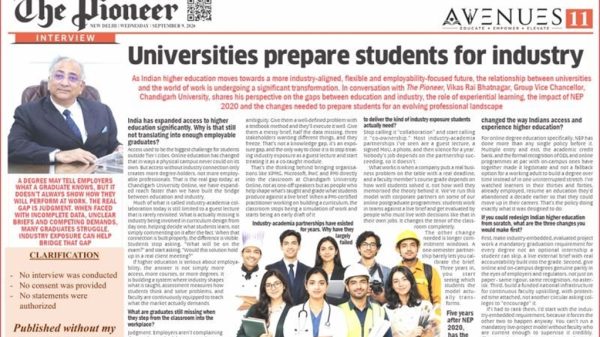 Front page of The Pioneer with the headline 'Universities prepare students for industry' and a group photo of diverse students at the bottom left.