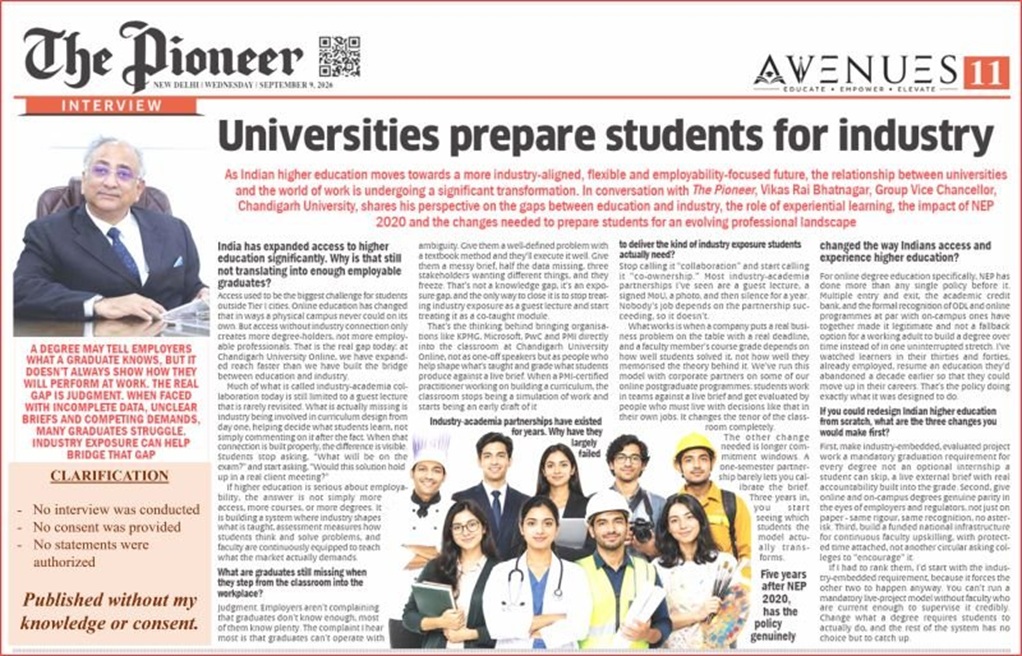 Front page of The Pioneer with the headline 'Universities prepare students for industry' and a group photo of diverse students at the bottom left.