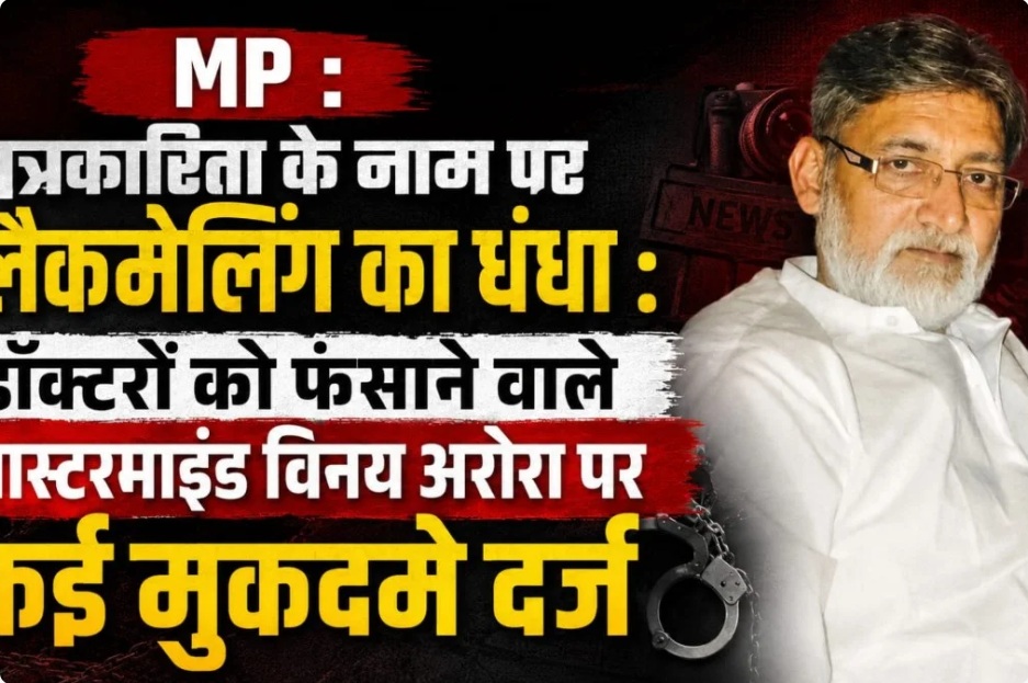 Hindi news thumbnail: text about a lawmaker's alleged involvement; man in white shirt on the right, handcuffs at bottom, dark red background.