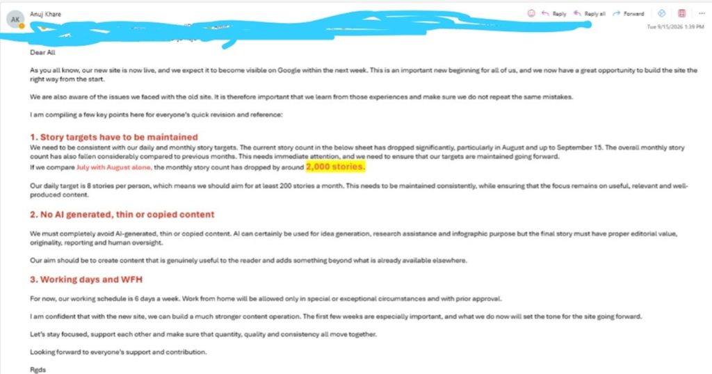 zee news hindi | No. 1 Indian Media News Portal Email screenshot announcing a new site launch with key targets: story targets, no AI content, working days, and plan details; includes red subsection headings.