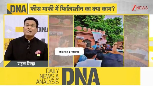 News broadcast screenshot: left panel shows the anchor in a black suit; middle panels show a protest crowd with a speech bubble; top banner reads DNA; bottom reads Daily News & Analysis.