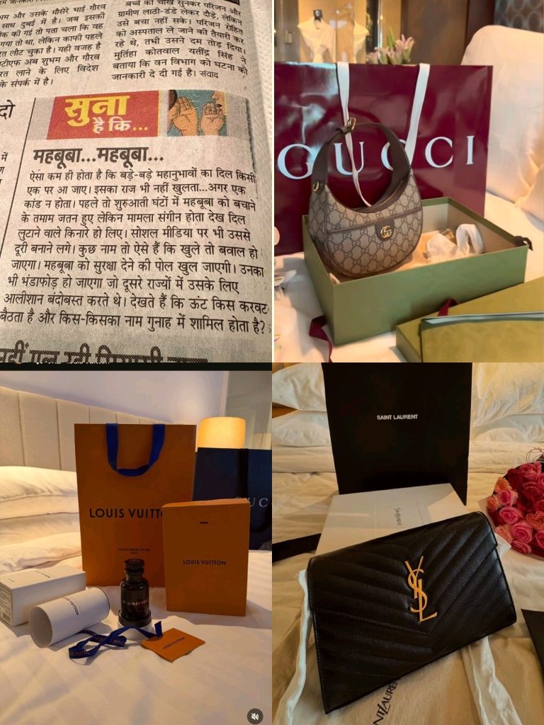 A collage: left side shows a Hindi newspaper clipping with bold text, right side displays luxury-brand shopping items including a Gucci bag, Louis Vuitton boxes, and other designer gift boxes on a bed.