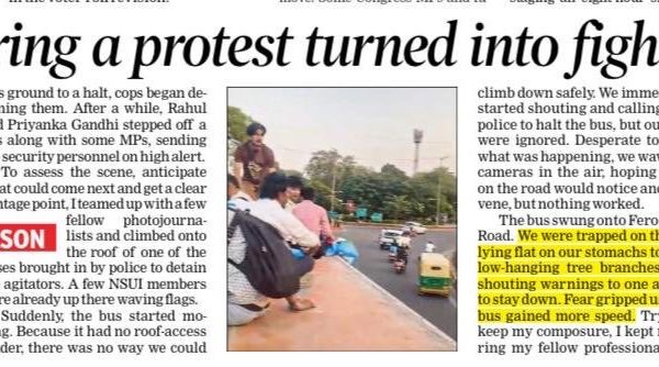 Newspaper front page with the headline 'When covering a protest turned into fight for survival,' featuring a photo of a protest on a roadside and highlighted quotes in the article area.