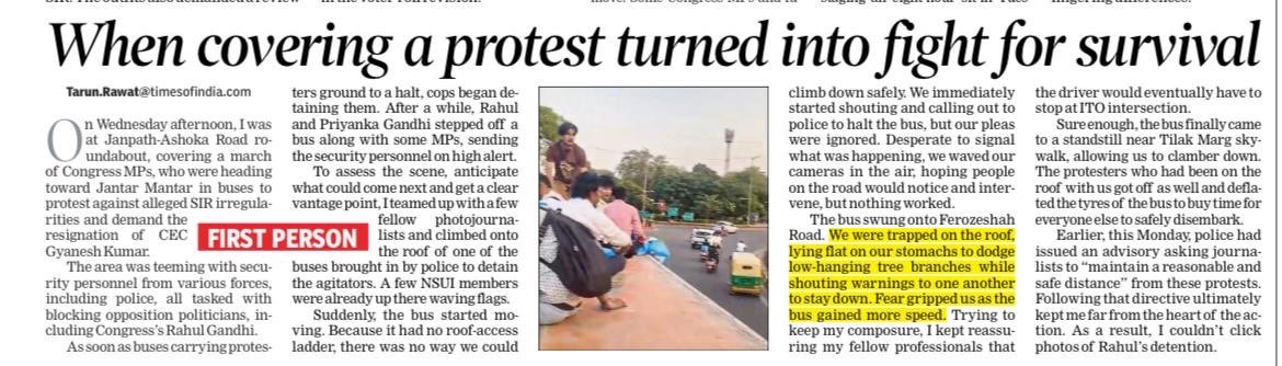 Newspaper front page with the headline 'When covering a protest turned into fight for survival,' featuring a photo of a protest on a roadside and highlighted quotes in the article area.