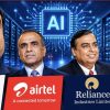 Four suited men stand behind signs for Adani Data Centers, Airtel, Reliance Industries, and Tata Group in an AI-themed, high-tech backdrop.