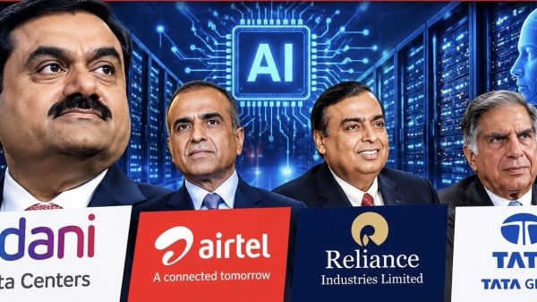 Four suited men stand behind signs for Adani Data Centers, Airtel, Reliance Industries, and Tata Group in an AI-themed, high-tech backdrop.