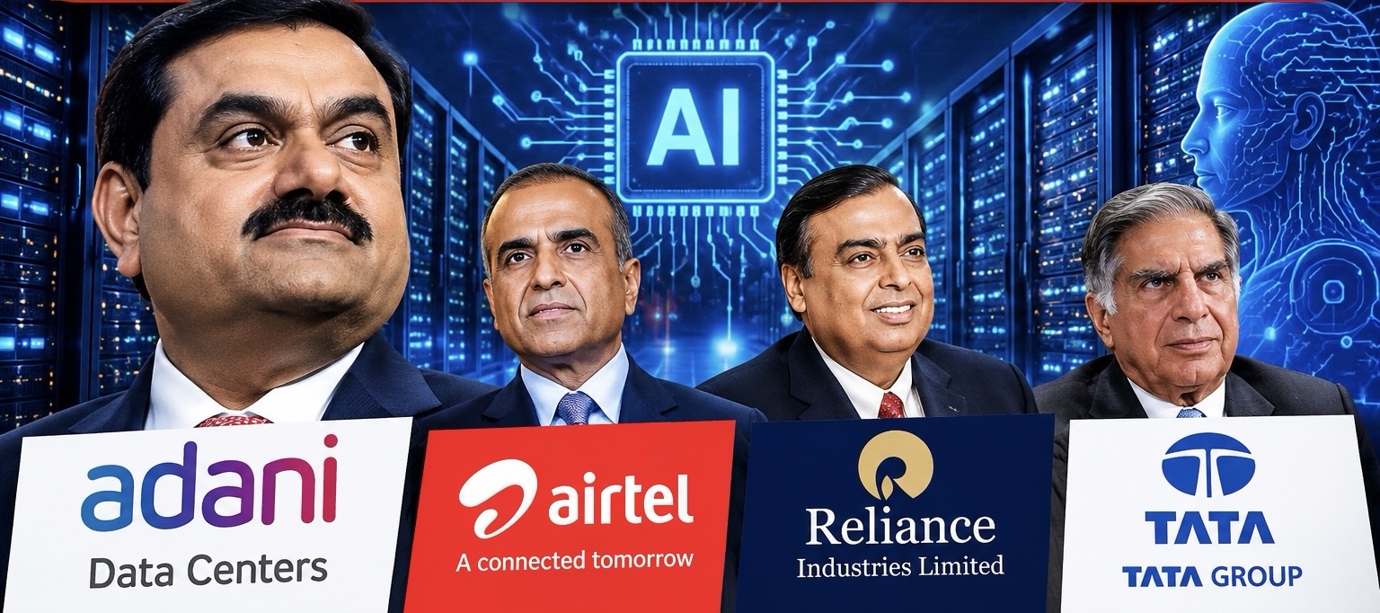 Four suited men stand behind signs for Adani Data Centers, Airtel, Reliance Industries, and Tata Group in an AI-themed, high-tech backdrop.