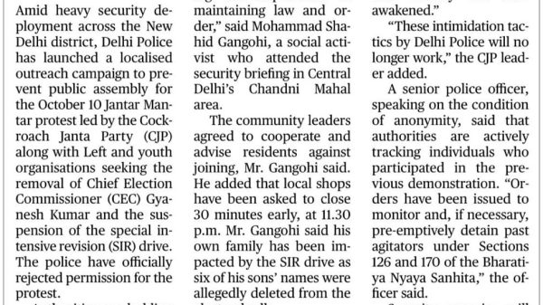 Newspaper article reporting Delhi police appeal to citizens not to join October 10 protest.