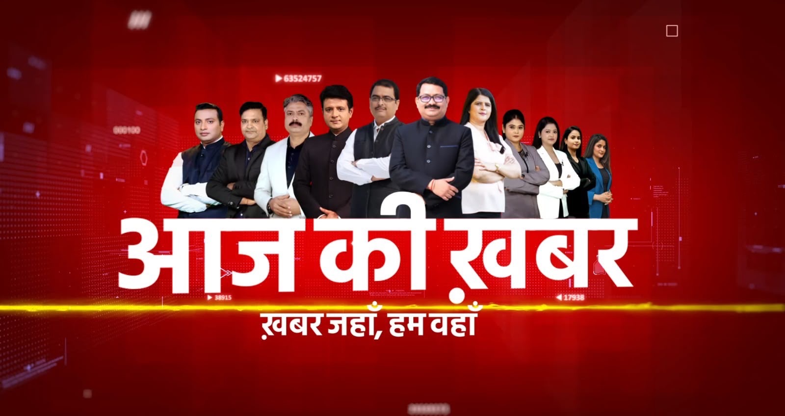 News banner with a group of anchors posing against a red background, 'आज के खबर' large white text and the tagline beneath.
