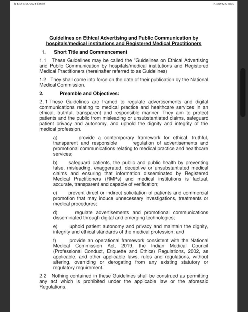 52e62fde-4938-4f70-a1c4-6dfa8dca87c4 | No. 1 Indian Media News Portal Page of guidelines titled Guidelines on Ethical Advertising and Public Communication by hospitals/medical institutions and Registered Medical Practitioners, with sections on Short Title and Commencement and Preamble and Objectives.
