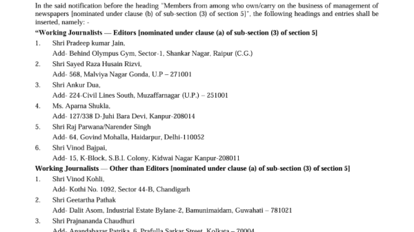 Official government document titled 'Notification' from the Ministry of Information and Broadcasting listing editors and journalists with their addresses (Delhi, etc.).