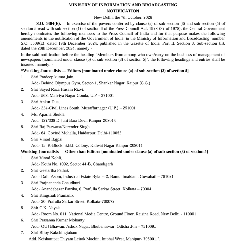 Official government document titled 'Notification' from the Ministry of Information and Broadcasting listing editors and journalists with their addresses (Delhi, etc.).