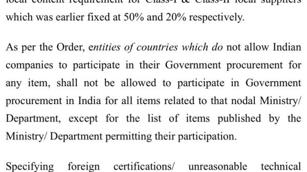 Mobile screenshot of a PIB press release page from pib.gov.in with highlighted green underlines in the text about procurement amendments.