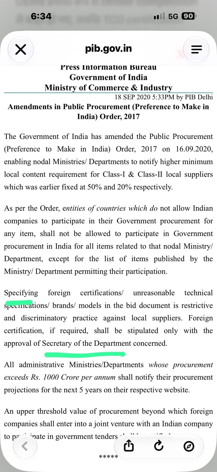 Mobile screenshot of a PIB press release page from pib.gov.in with highlighted green underlines in the text about procurement amendments.