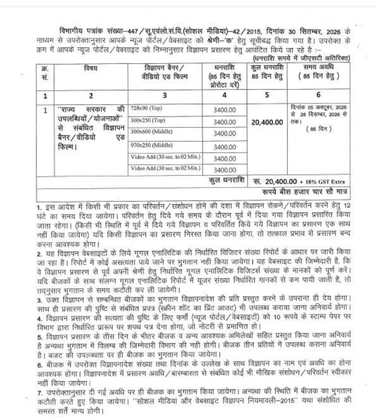 Hindi document page with a table of project details. Columns include serial number, subject, channel/film type, duration and cost, total amount Rs 20,400.00, and remarks; several rows reference government film/video postings.