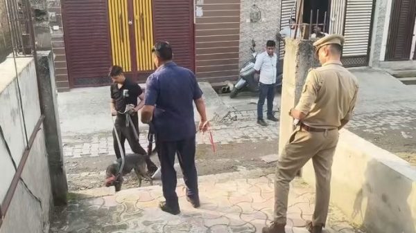 Uniformed police officer watches as two men hold a dog on leashes in a courtyard street near storefronts.