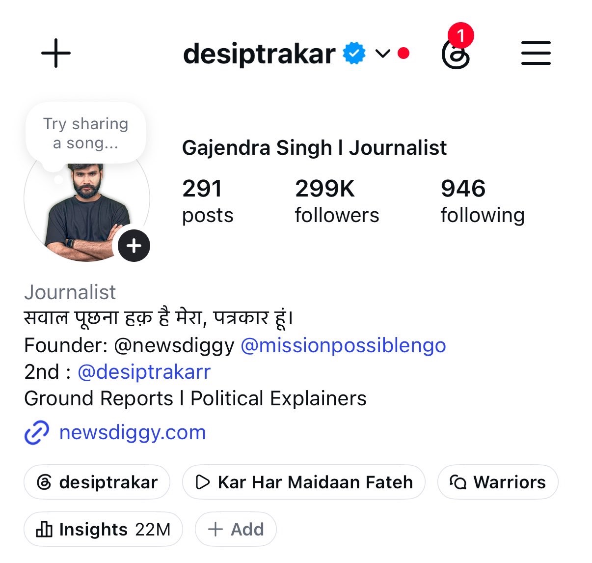 Profile header for Gajendra Singh | Journalist with 291 posts, 299K followers, 946 following; circular avatar on left and bio text below.