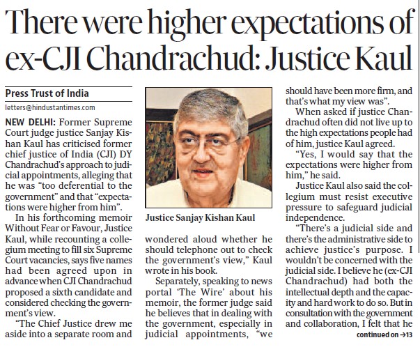 Newspaper article with a photo of Justice Sanjay Kishan Kaul; headline reads 'There were higher expectations of ex-CJI Chandrachud: Justice Kaul'