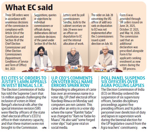Collage titled 'What EC said' showing three officials seated at a table with documents, surrounded by text panels summarizing EC orders and statements.