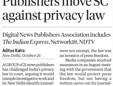 Newspaper front page about publishers challenging privacy law in the Supreme Court (censorship and investigations).