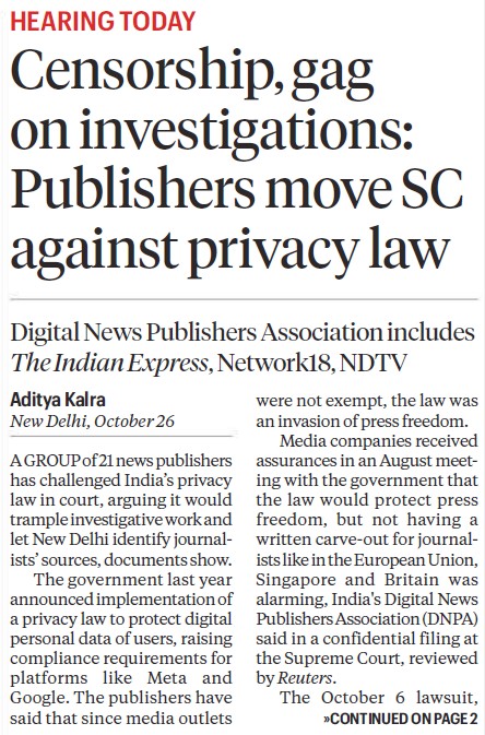 Newspaper front page about publishers challenging privacy law in the Supreme Court (censorship and investigations).