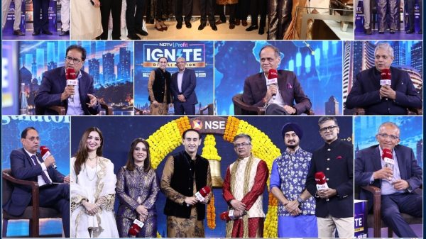 Collage from NDTV Profit Ignite Diwali Edition event showing speakers, interviews, and group photos on stage and studio setups.
