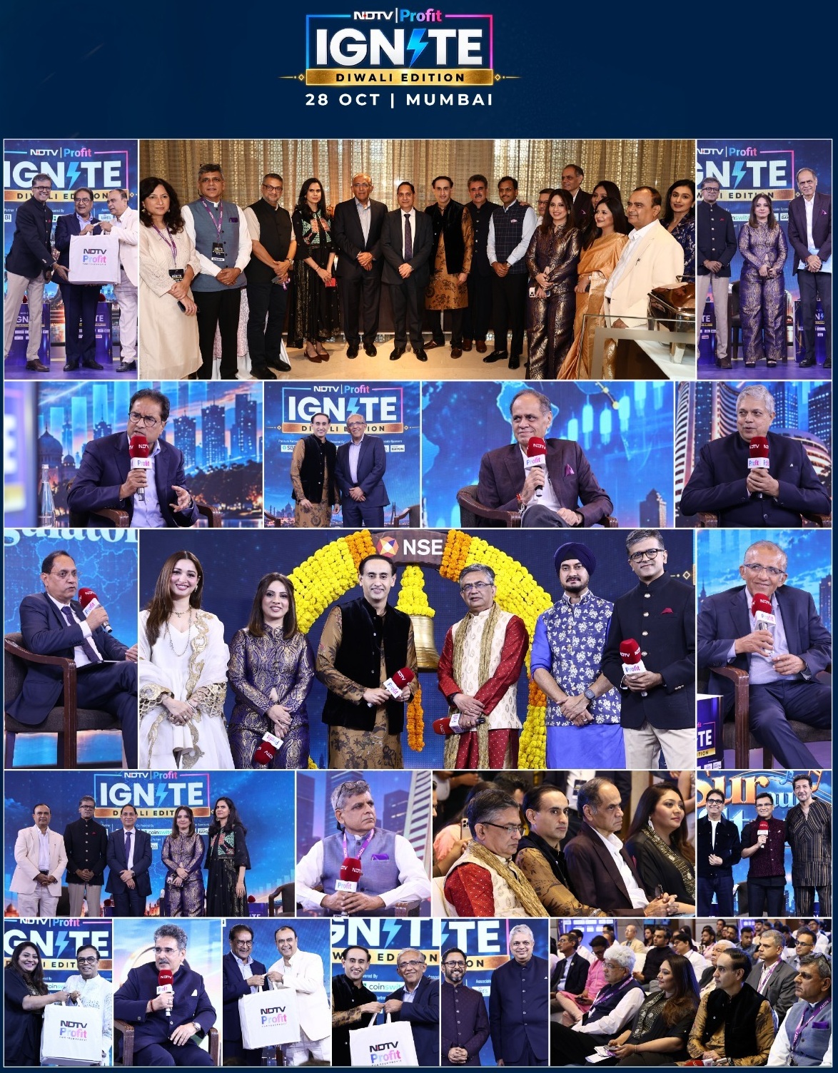 Collage from NDTV Profit Ignite Diwali Edition event showing speakers, interviews, and group photos on stage and studio setups.