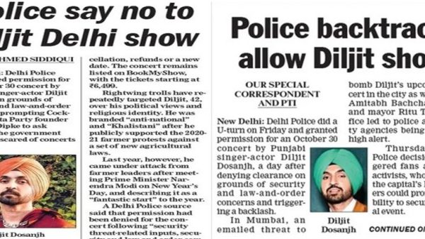 Two front pages of a newspaper; headlines discuss police denying a Punjabi singer-actor's concert, with a small portrait of the artist wearing a turban on the left page.