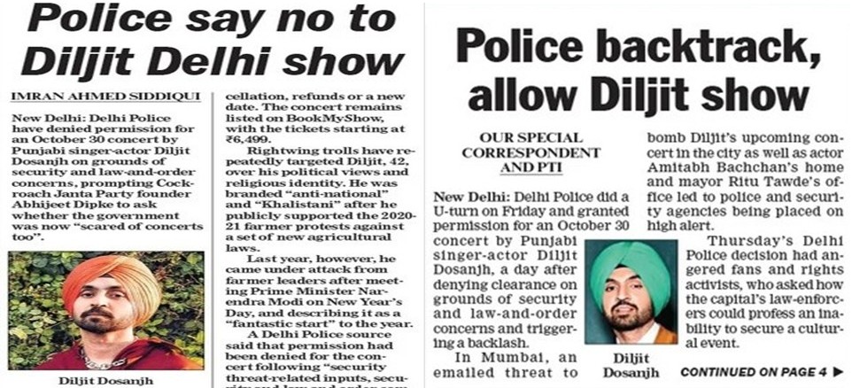 Presentation1 | No. 1 Indian Media News Portal Two front pages of a newspaper; headlines discuss police denying a Punjabi singer-actor's concert, with a small portrait of the artist wearing a turban on the left page.