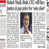 Collage of three Indian newspaper front pages with political headlines about Modi, Rahul Gandhi, and related news.
