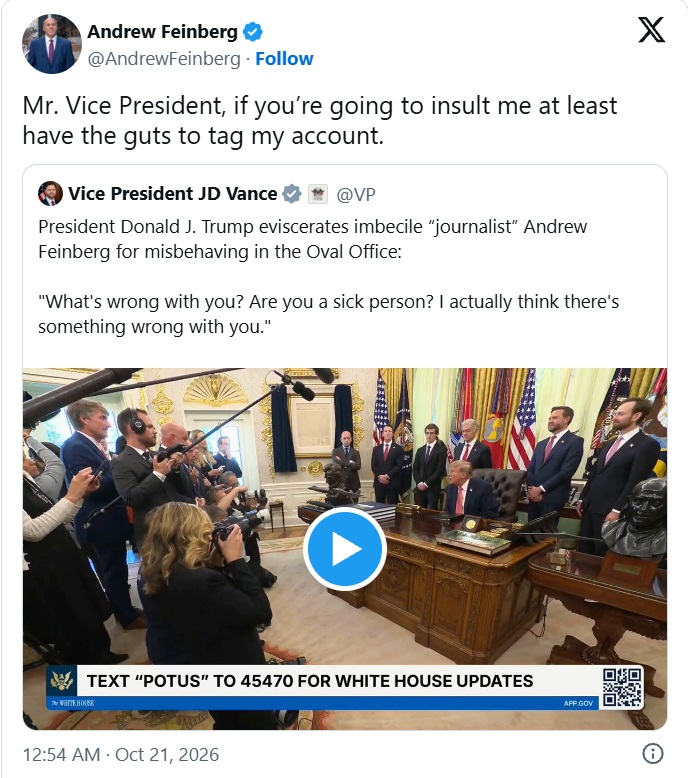 andrew | No. 1 Indian Media News Portal Screenshot of Andrew Feinberg's tweet reacting to VP JD Vance, with a video still from the Oval Office and the press corps defeated by cameras shown in the frame.