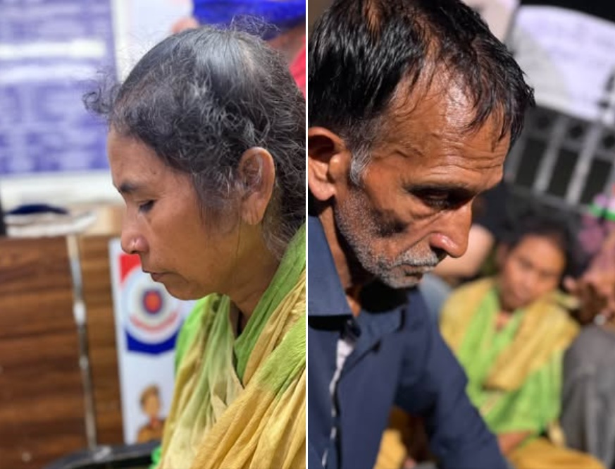 Split image of a woman with gray hair and a green-yellow scarf on the left, and a man with a dark shirt on the right, both looking downward in a crowded indoor setting.