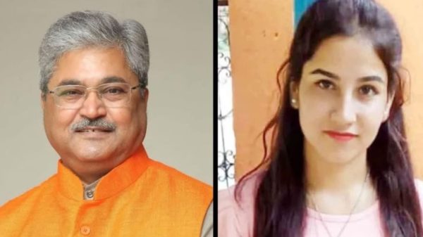 Side-by-side portrait: a smiling older man in an orange kurta on the left and a young woman in a pink top on the right.