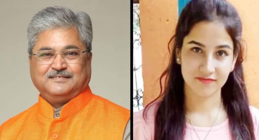 Side-by-side portrait: a smiling older man in an orange kurta on the left and a young woman in a pink top on the right.