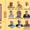 Poster for a Hindi literary event featuring a book cover on the left and 16 speaker photos with names on a yellow background, with event details in Hindi on the left edge.