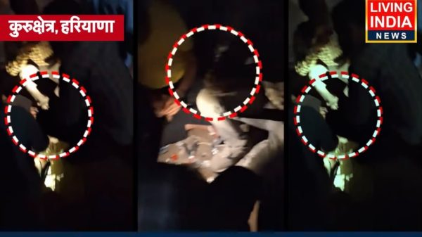 News thumbnail frame with bold yellow Hindi headlines on a blue background and three night-vision clips showing circled figures, suggesting a report on drugs in Kurukshetra.