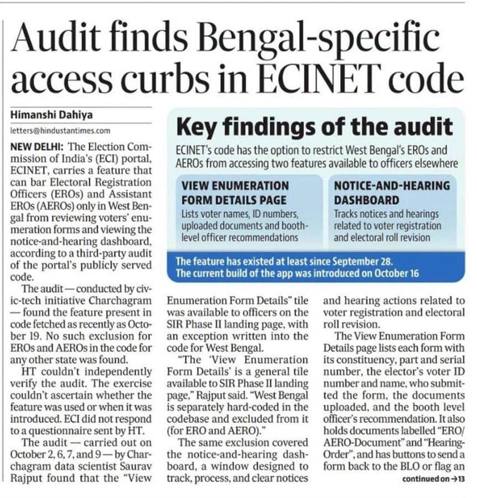 chunav ayog | No. 1 Indian Media News Portal New Delhi newspaper article about Bengal-specific ECINET access curbs, with a blue 'Key findings of the audit' infographic.