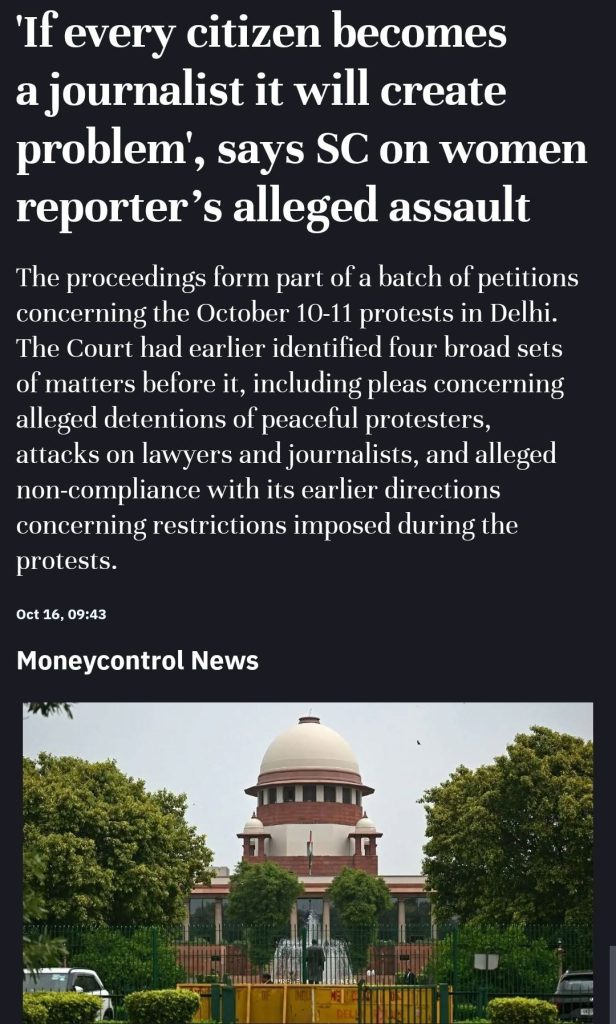 citizen journalist_1 | No. 1 Indian Media News Portal Typography-heavy news hero: large quote about citizen journalists and a paragraph about October protests; Moneycontrol News. Photo shows a domed red-brick government building framed by trees.