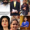 Collage of six people: top row left a bearded man with a red cap, middle a man in a black suit holding papers, right a man with a microphone; bottom row left a woman with dark hair in white, middle a distressed woman speaking, right a woman in a blue blazer.
