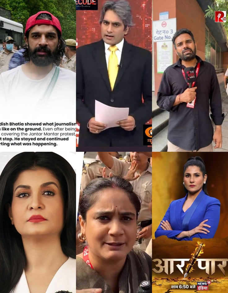 Collage of six people: top row left a bearded man with a red cap, middle a man in a black suit holding papers, right a man with a microphone; bottom row left a woman with dark hair in white, middle a distressed woman speaking, right a woman in a blue blazer.