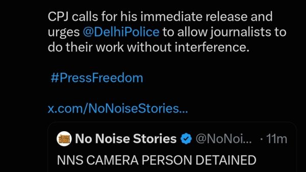 CPJ Asia tweet: Vivek Gupta, a video journalist with No Noise Stories, detained by Delhi Police while covering protests; CPJ calls for immediate release and press freedom, includes #PressFreedom and link to No Noise Stories.