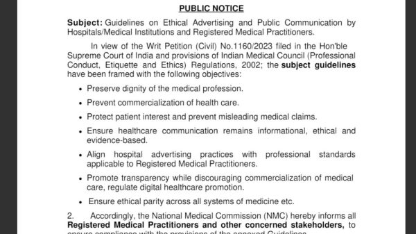 Public notice from the National Medical Commission Ethics & Medical Registration Board dated 06/10/2026 about Guidelines on Ethical Advertising and Public Communication by Hospitals/Medical Institutions and Registered Practitioners; outlines objectives and stakeholder notice. Actively signed by Dr. Raghav Langer.
