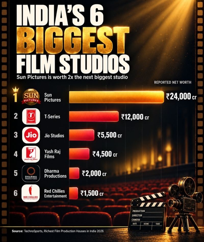 fil studio | No. 1 Indian Media News Portal Infographic listing India's 6 biggest film studios by net worth, from Sun Pictures at ₹24,000 cr to Red Chillies at ₹1,500 cr, with bar charts and film reel visuals.