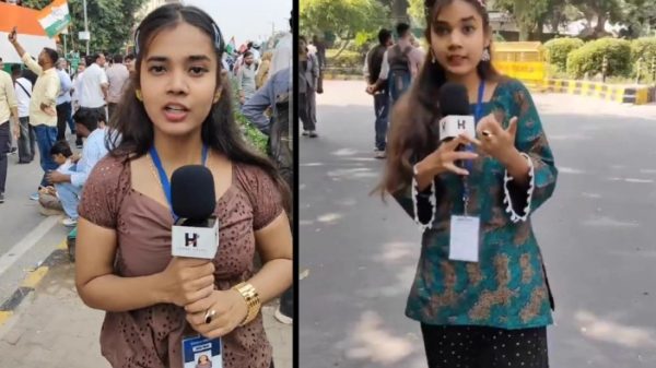 Two young female reporters stand on a city street, each holding a microphone with a news logo and wearing ID badges in front of a crowd.